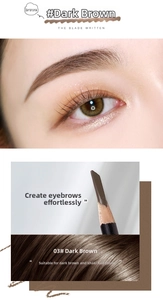 Macro detail of sword-shaped eyebrow pencil nib in shade 03 deep brown for natural brow makeup