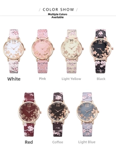 Floral quartz watch display showing seven color options with rose gold cases and leather straps