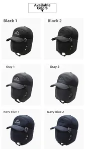 Detailed grid of winter bomber hats showing ear flaps and detachable face masks in three colors