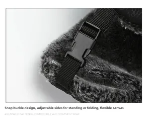 Detail of adjustable buckle and thick faux fur lining on a winter trapper hat
