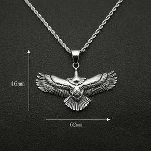 Vintage eagle pendant necklace in silver steel with rope chain, 62mm wingspan