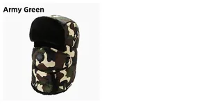 Detail of army green camo trapper hat with thick faux fur lining and breathable mask