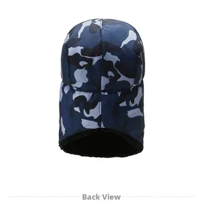 Back view of a thermal camouflage trapper hat with thick fleece lining and windproof fabric