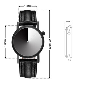 Minimalist black leather waterproof watch with gradient dial and full size measurements