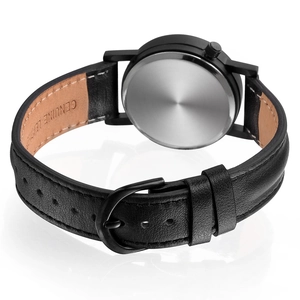 Women's black leather waterproof watch with stainless steel back and genuine leather strap
