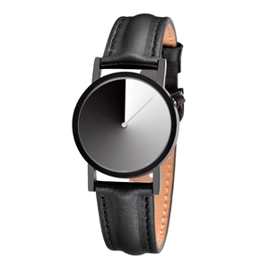 Minimalist waterproof leather watch with black and white gradient dial and metal case