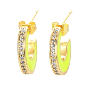 Chunky gold C-shape hoop earrings with neon green enamel and shimmering zircons