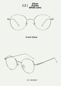 Detail of silver round metal frame sunglasses with clear lenses and slim metal temples