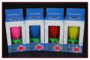 Rotating musical lotus birthday candles set with colorful blooming petals in gift box