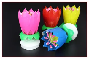 Detail view of colorful lotus birthday candles with rotating petals and music base