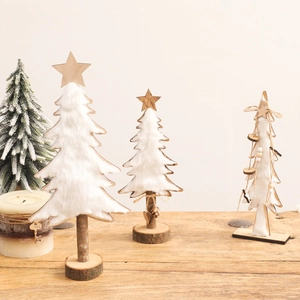 Miniature white felt Christmas tree ornaments on natural wood bases for festive decor