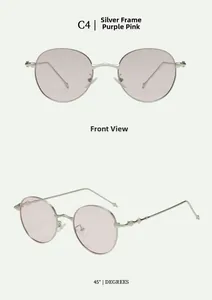 Front and 45-degree angle view of vintage round silver metal sunglasses with purple pink lenses
