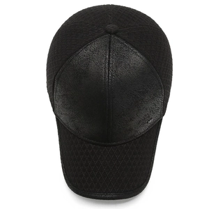 Men's winter baseball cap with black patchwork texture and warm fleece lining for elderly
