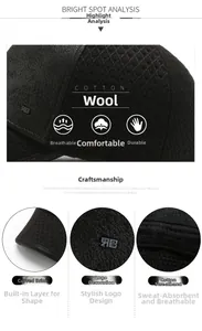 Close-up of winter wool baseball cap featuring curved brim and cotton inner sweatband