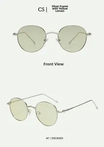Detail of silver round metal frame sunglasses with light yellow lenses from two angles