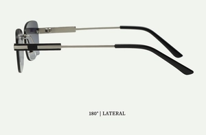 180-degree lateral view showing slim metal temples and gradient lenses of rimless sunglasses