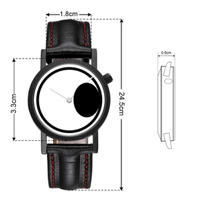 Waterproof black leather watch with red stitching showing full dimensions and sizing