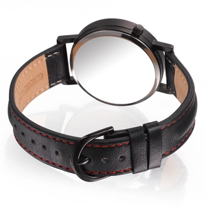 Women's black leather quartz watch with red stitching shown from a back perspective angle