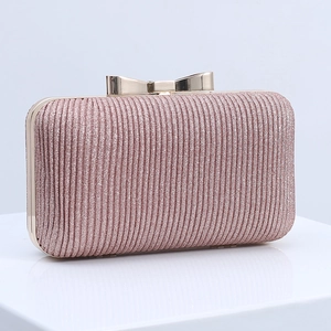 Women Evening Clutch Bag Glitter Pleated PU Hard Shell Purse With Bow Metal Clasp Chain Strap For Wedding Party Prom