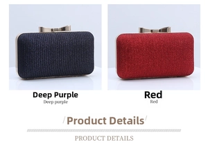Detail showing pleated fabric evening clutch bags in red and deep purple with bow clasp