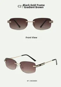 Front and 45-degree angle view of rimless sunglasses with gradient tea lenses and gold frame