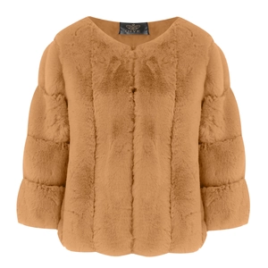 Short faux fur round neck coat in brown with textured vertical stitching and loose fit