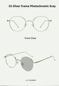 Detailed views of round silver metal frames with photochromic grey transition lenses