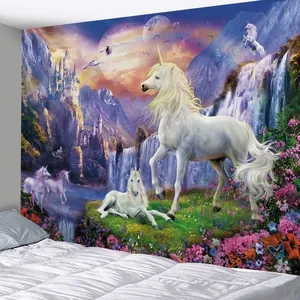 Fantasy unicorn tapestry with mystical castle and waterfall for bedroom wall decoration