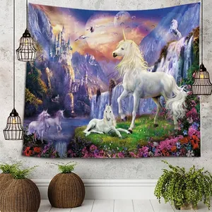 Unicorn and castle fantasy tapestry wall hanging for bedroom decoration with waterfall
