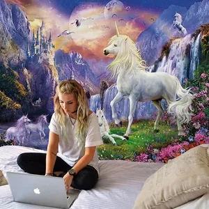 Unicorn fantasy tapestry with castle and waterfall for bedroom wall decoration