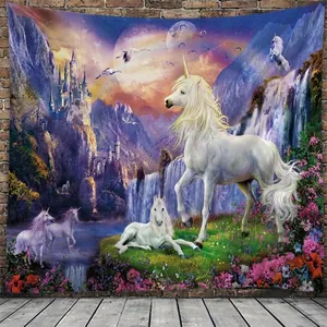 Fantasy Unicorn Castle Tapestry Wall Hanging Polyester Fabric Dreamy Forest Landscape For Bedroom Living Room Dorm Decor
