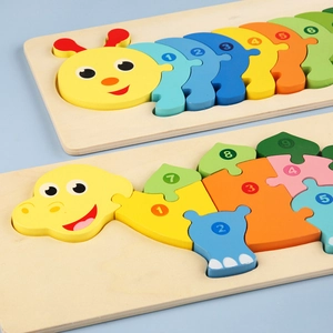 Wooden 3D animal puzzles for kids featuring caterpillar and dinosaur designs for learning