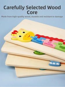 Macro side view of stacked wooden giraffe puzzles with numbered blocks for toddler learning