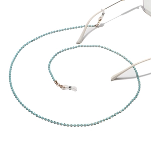 Detailed view of sky blue beaded sunglasses chain with non-slip silicone loops and metal clasp