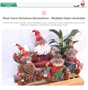 Plush Santa, reindeer, and snowman dolls for Christmas decor in festive red and green