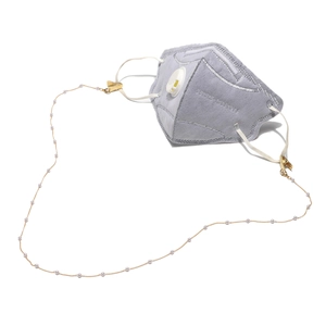Elegant gold pearl lanyard with crocodile clips for masks and glasses on white backdrop