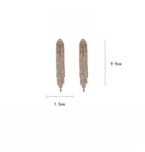 Macro view of crystal tassel earrings with dimensions of 9.9cm length and 1.5cm width