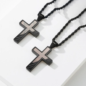 Mens bronze brushed stainless steel cross pendant necklaces with wood pattern inlays