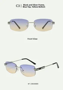 Front and side view of frameless sunglasses with blue-yellow gradient lenses and metal arms