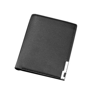 Vertical black leather wallet for men with sleek silver metal emblem on white background