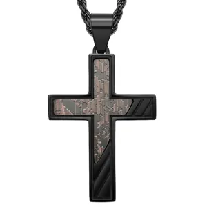 Matte Black Stainless Steel Cross Pendant Necklace With Wood Grain Inlay Retro Religious Hip Hop Jewelry For Men
