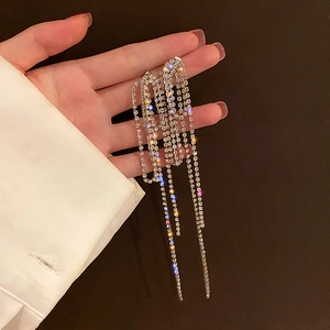 Detailed close-up of long silver tassel earrings with shimmering rhinestone fringe