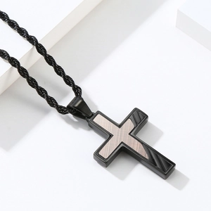 Mens vintage bronze brushed stainless steel cross pendant with black twist chain necklace