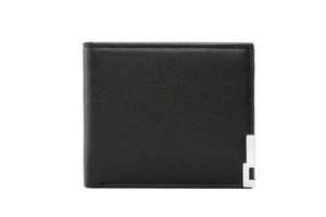 Close-up of black leather bifold wallet with silver metal emblem on white background