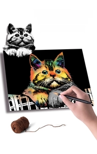Gros plan d'une main utilisant un stylet sur papier d'art à gratter chat arc-en-ciel