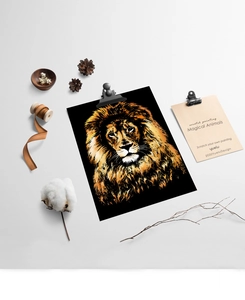 Papier à gratter DIY artistique avec tête de lion et lignes dorées sur fond noir