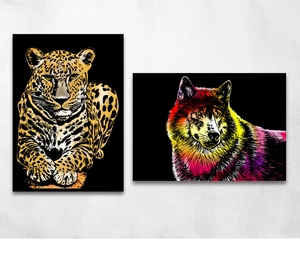 Détail des affiches de grattage léopard et loup avec des textures arc-en-ciel éclatantes