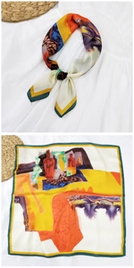 Dettaglio di un foulard quadrato in seta con stampa pittura a olio e consistenza liscia