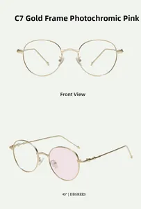 Detail view of retro round gold frames with pink photochromic lenses and textured metal temples