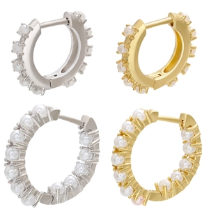 Brass Huggie Hoop Earrings For Women With White Artificial Pearls Micro Inlaid Geometric Trendy Elegant Jewelry